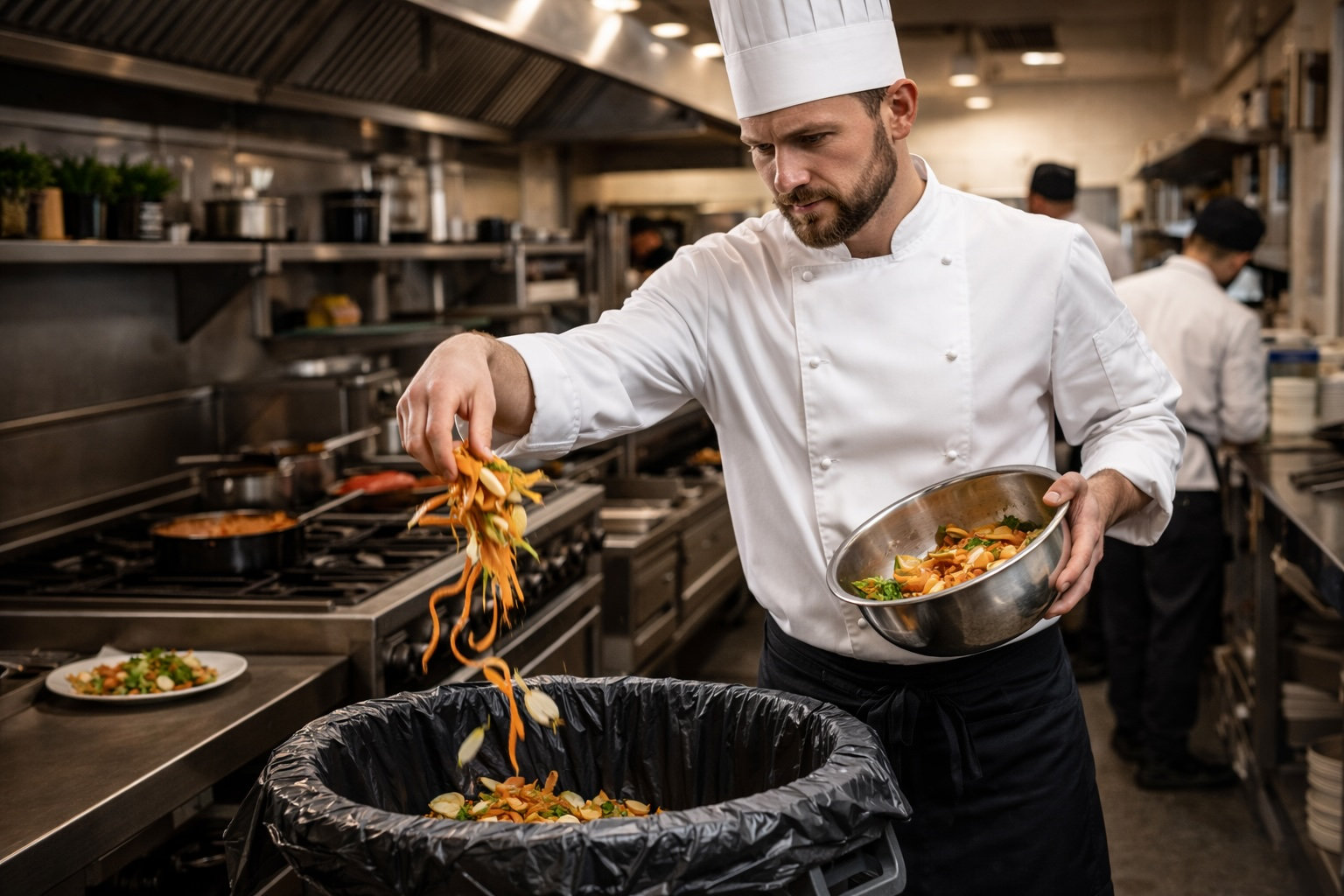 A chef discarding vegetable scraps